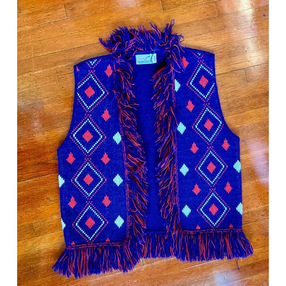 Vintage 60’s Penrose Orlon Acrylic Blue Red White Argyle Fringe vest jacket Mod